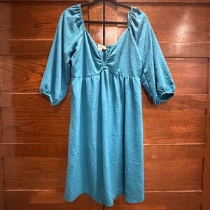 ✅ 5/$25 Monteau XL Teal turquoise Dress Gathered V neck puffy 3/4 sleeve mini